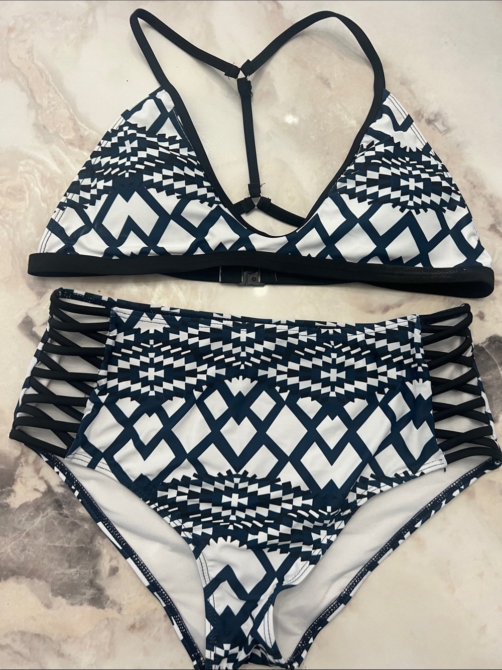 Geo-Print High-Waist Bikini Set in Navy and White